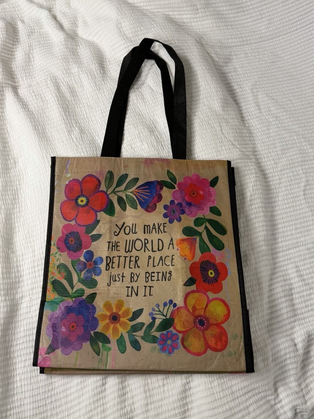 NW/OT Natural Life Reusable Tote Grocery Floral L Happy Bag You Make The World